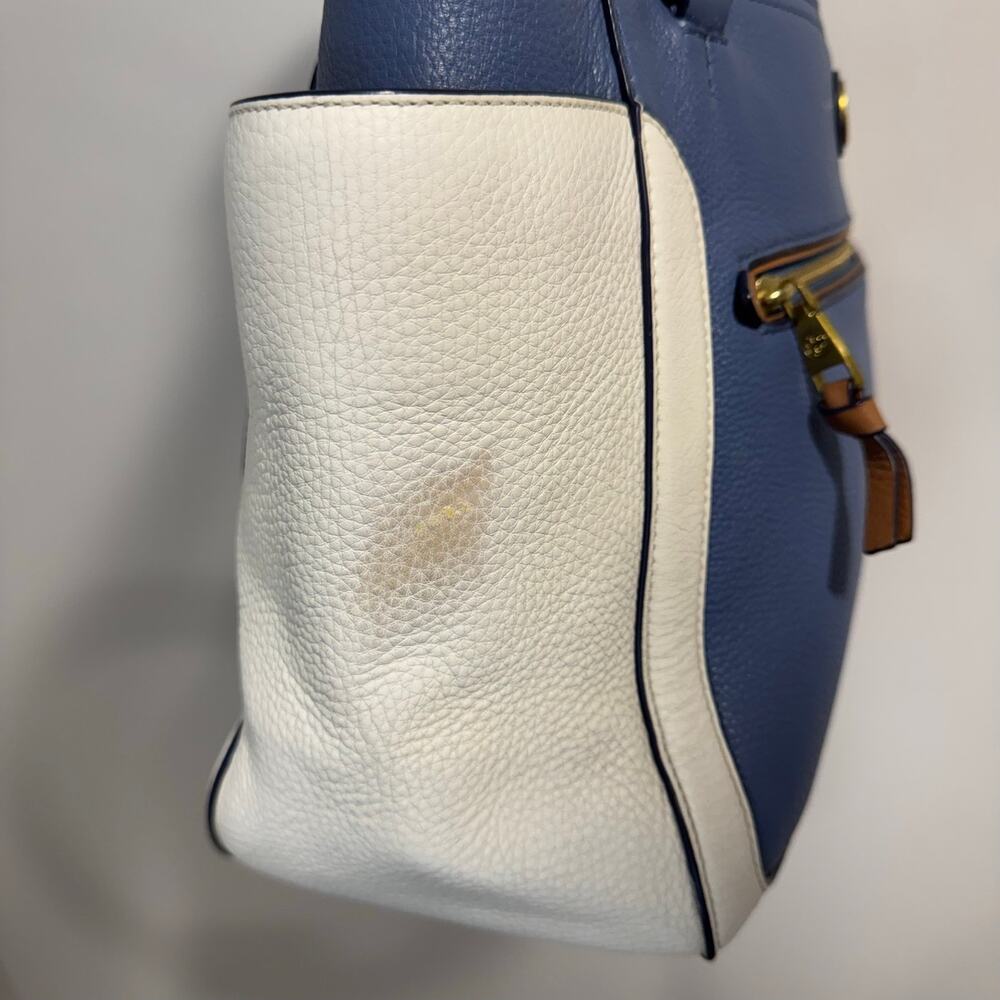 Tory Burch Frances Satchel Pebbled Leather Blue White Brown Colorblock Tote - Picture 6 of 13